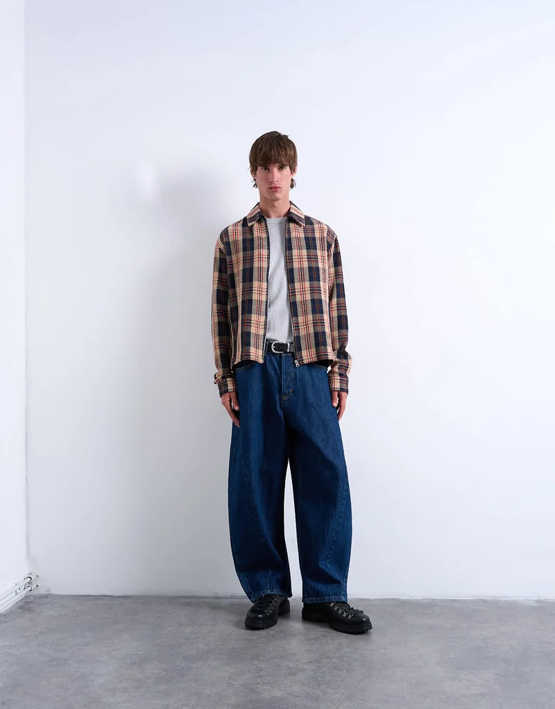 Topman regular fit textured check overshirt with zip in navy