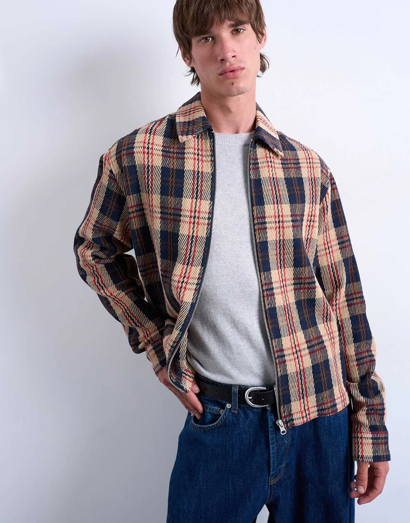 Topman regular fit textured check overshirt with zip in navy