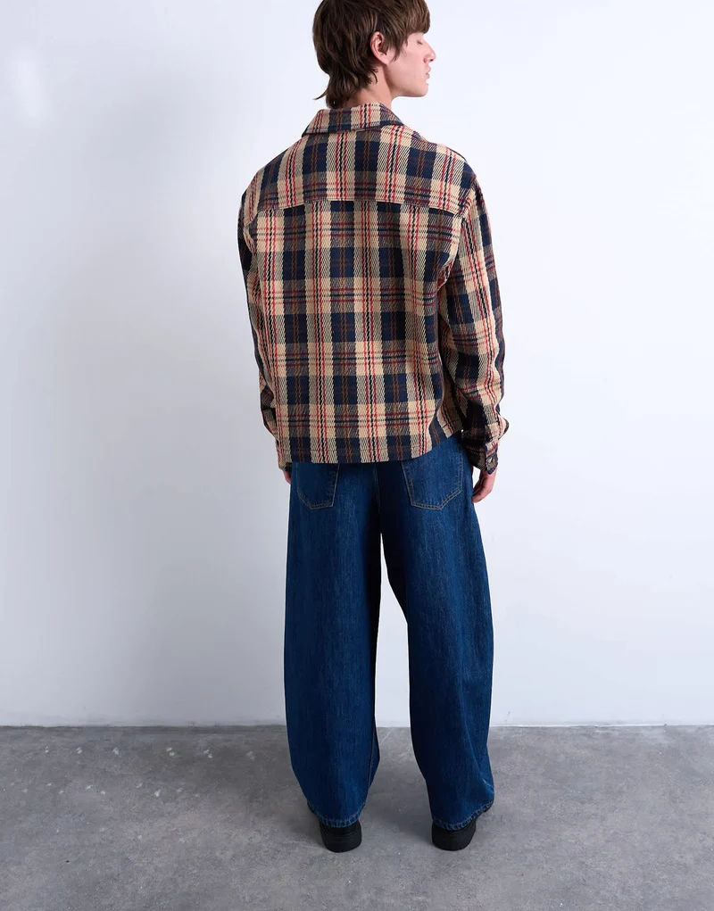 Topman regular fit textured check overshirt with zip in navy