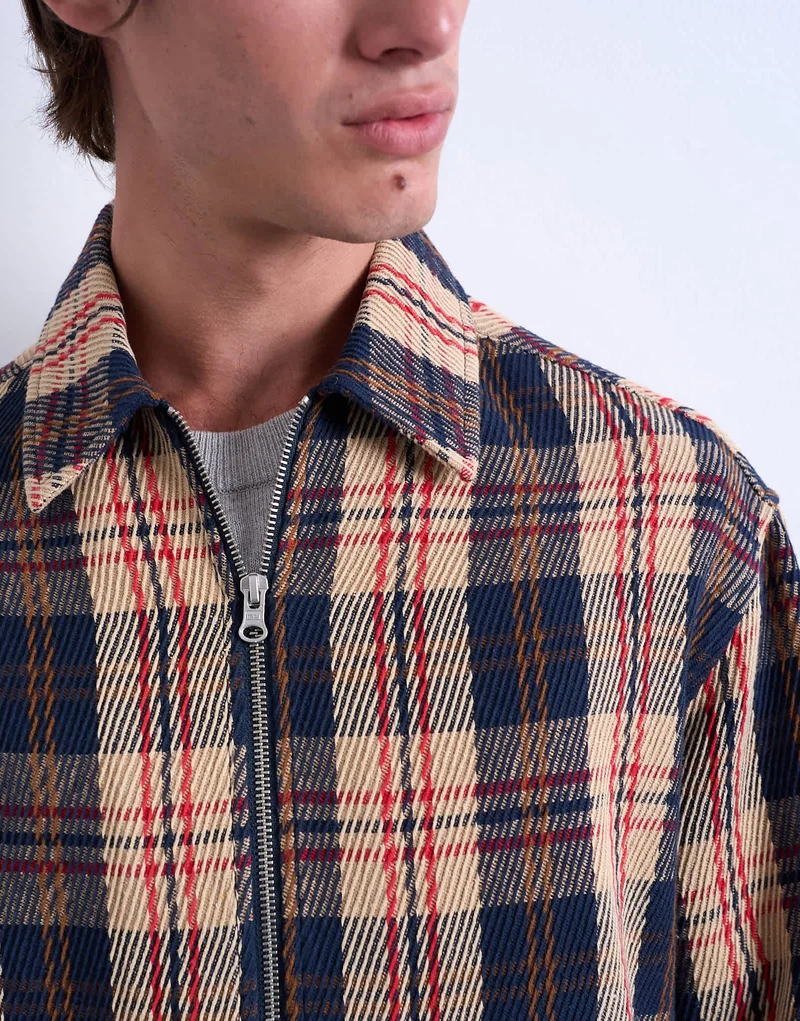Topman regular fit textured check overshirt with zip in navy