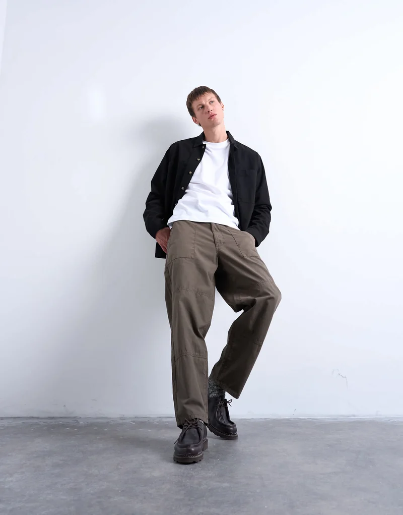 Topman ripstop taper leg trouser with seam detail in khaki