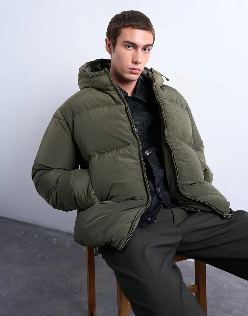Topman textured puffer jacket in dark khaki