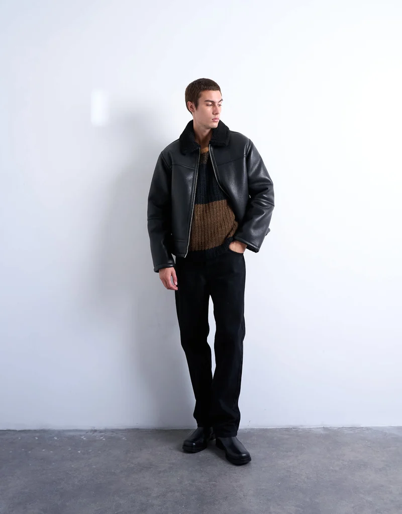 Topman faux shearling jacket with zip pockets in black