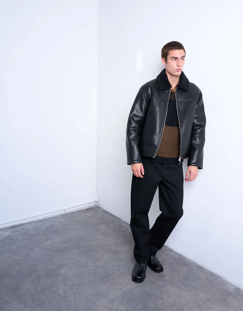 Topman faux shearling jacket with zip pockets in black