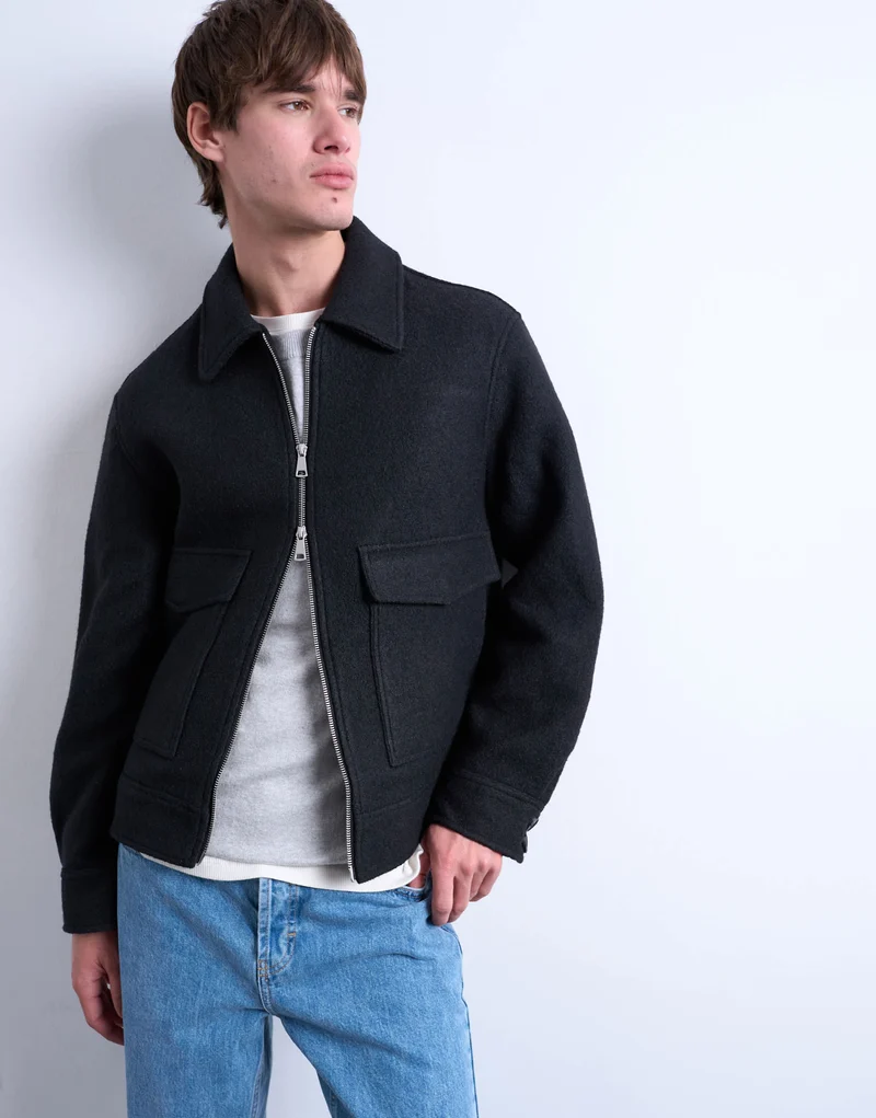Topman wool blend zip through shacket in dark grey