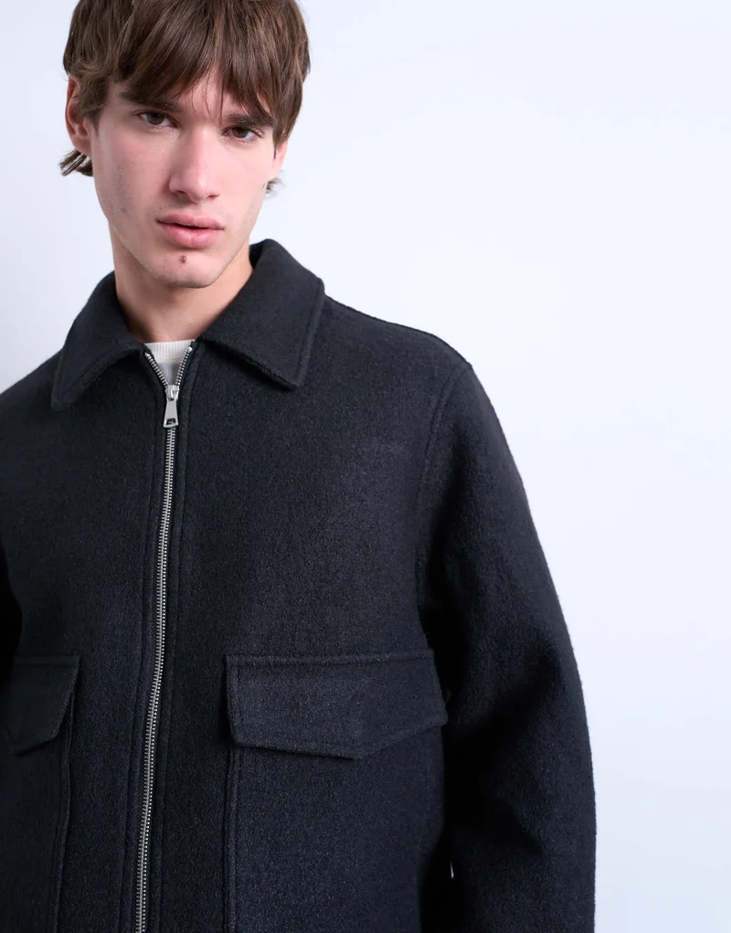 Topman wool blend zip through shacket in dark grey