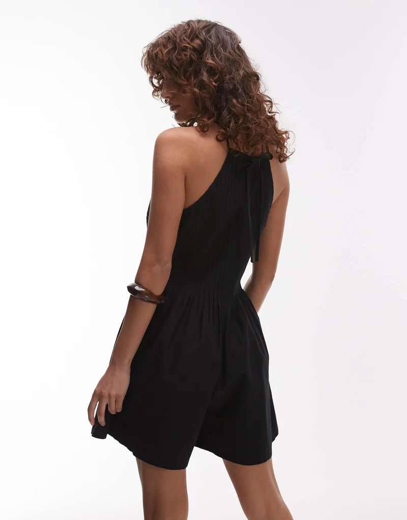 Topshop pintucked halterneck playsuit in black