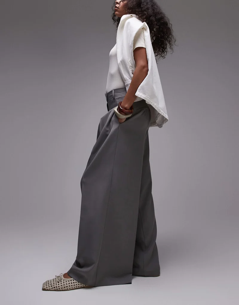 Topshop high waist pleated extreme wide leg trouser in grey