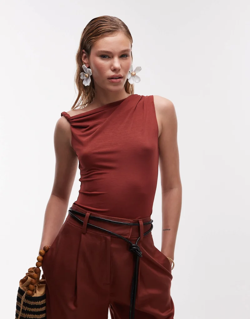 Topshop twist one shoulder top in rust red