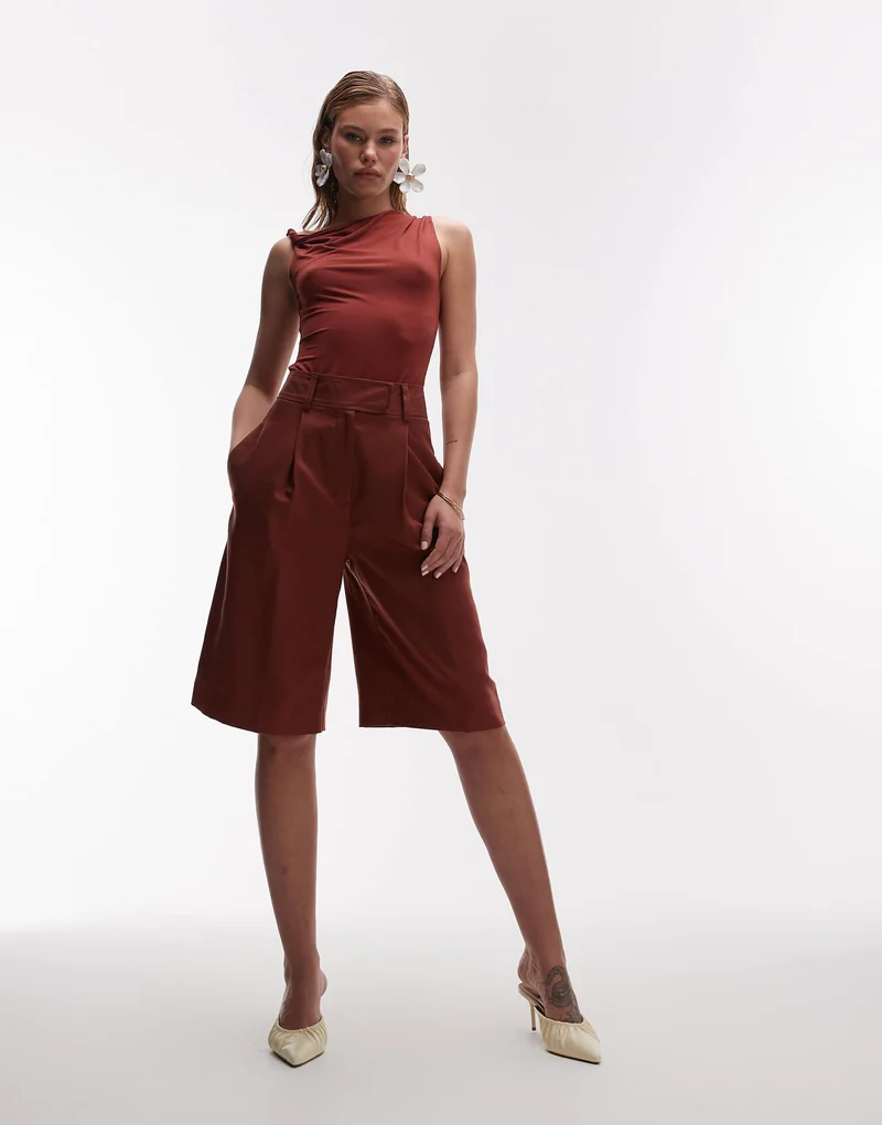 Topshop twist one shoulder top in rust red