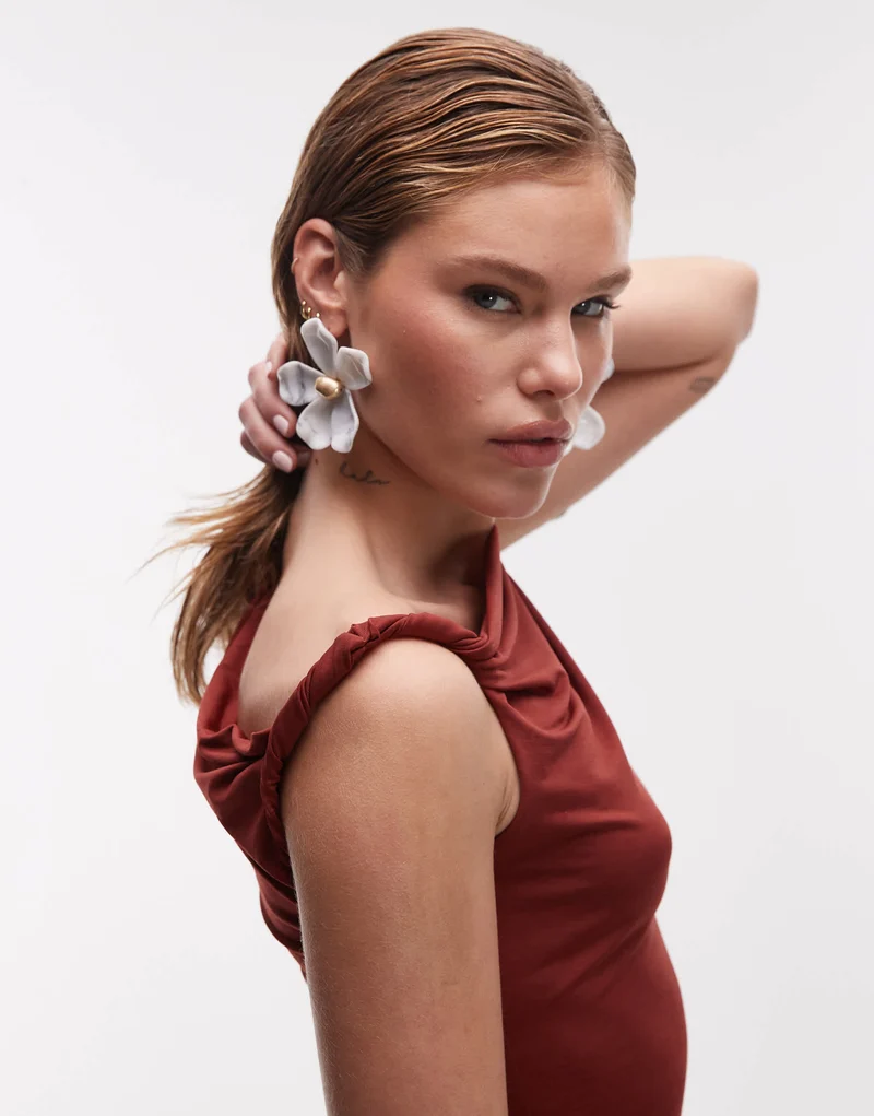 Topshop twist one shoulder top in rust red