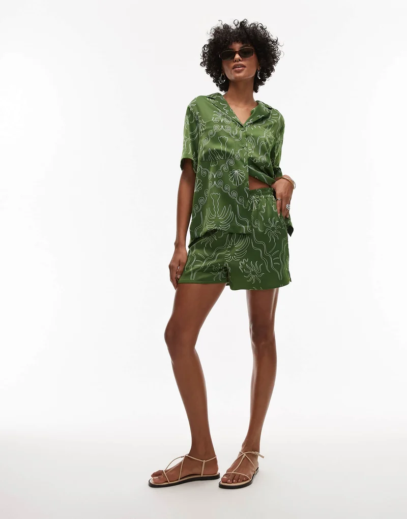 Topshop co ord satin palm tree shorts in green