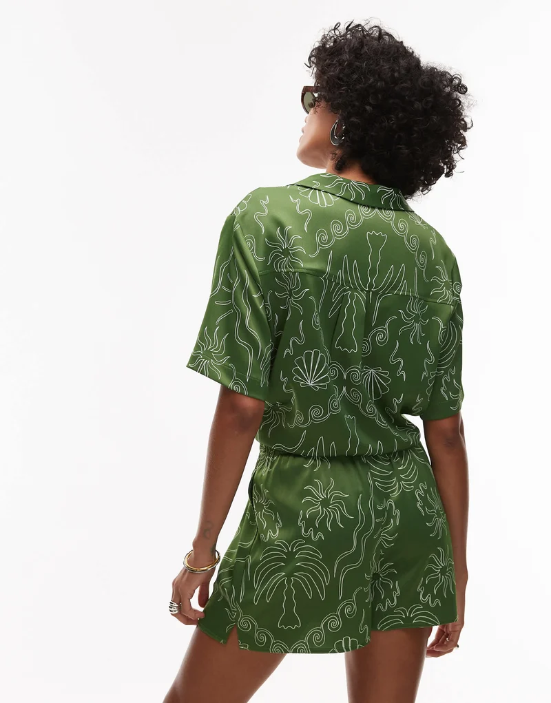 Topshop co ord satin palm tree shorts in green