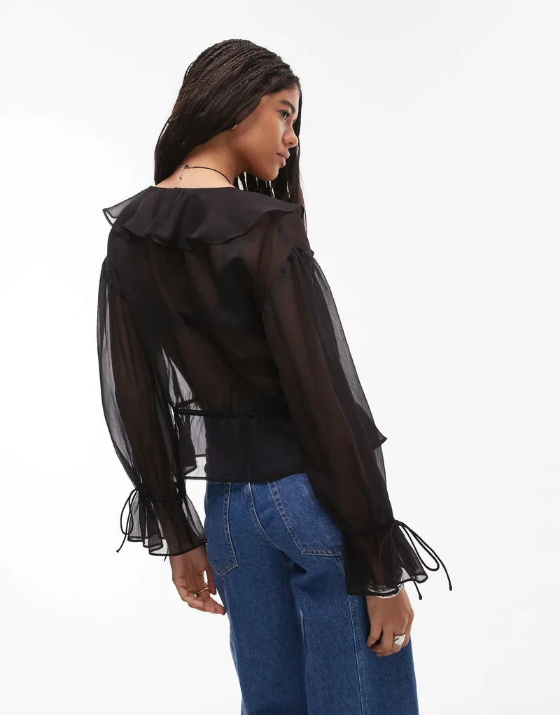 Topshop sheer ruffle tie front top in black