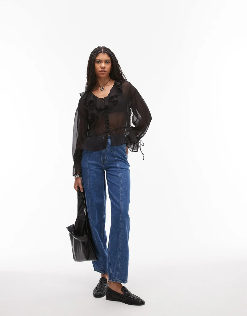 Topshop sheer ruffle tie front top in black