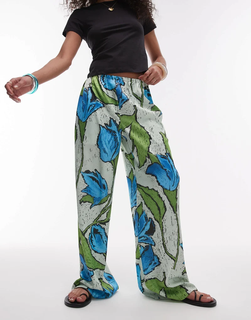 Topshop green and blue floral pull on satin wide leg trouser in green