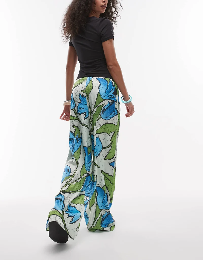 Topshop green and blue floral pull on satin wide leg trouser in green