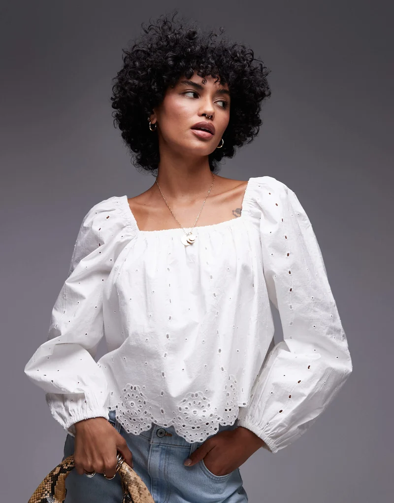 Topshop cutwork long sleeve top in ivory