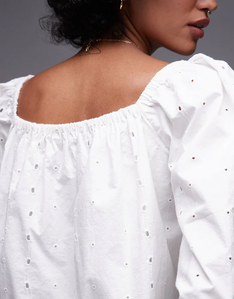 Topshop cutwork long sleeve top in ivory