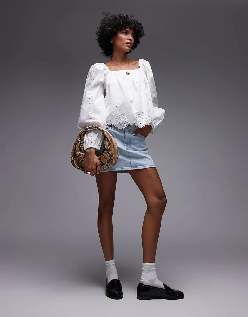 Topshop cutwork long sleeve top in ivory
