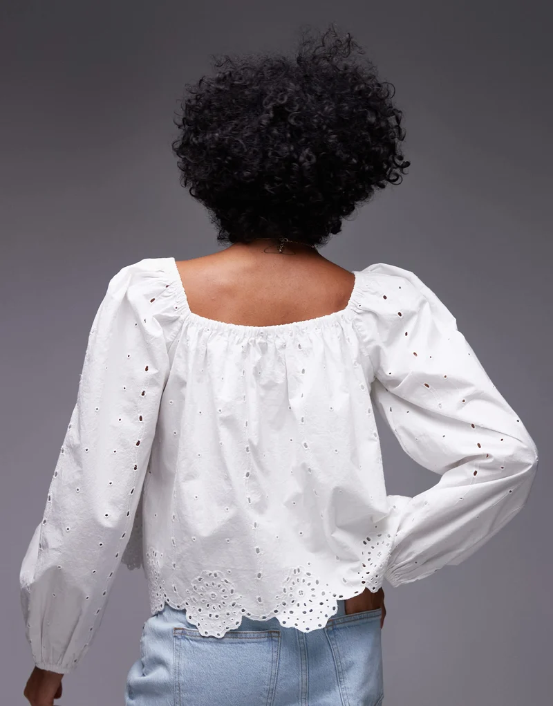 Topshop cutwork long sleeve top in ivory