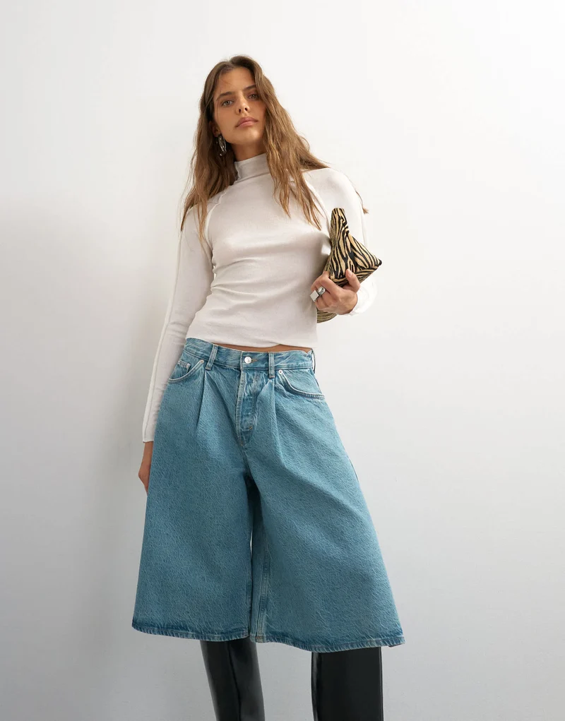 Topshop X Cara denim ultra-wide pleated culotte in light green cast