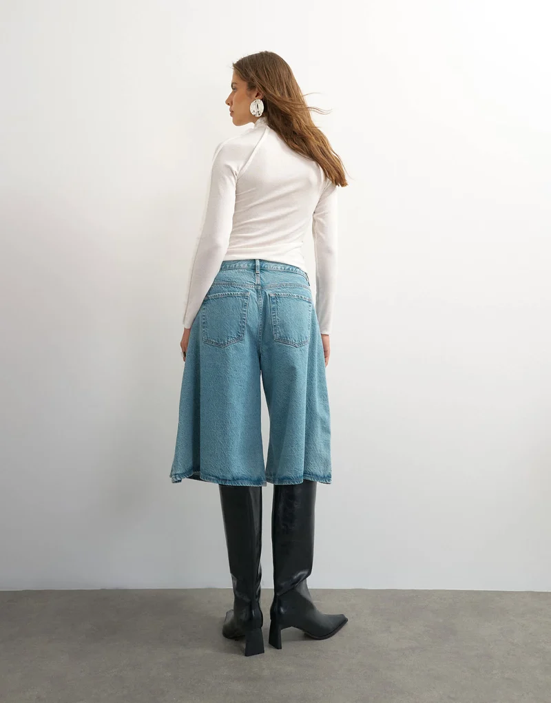 Topshop X Cara denim ultra-wide pleated culotte in light green cast