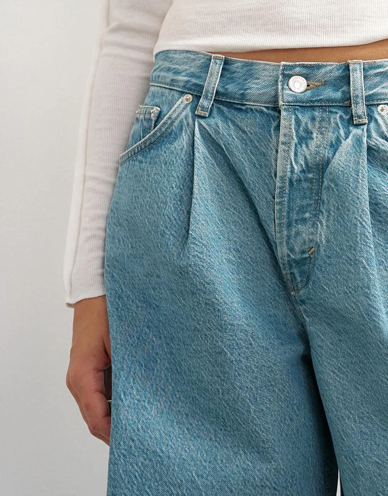Topshop X Cara denim ultra-wide pleated culotte in light green cast