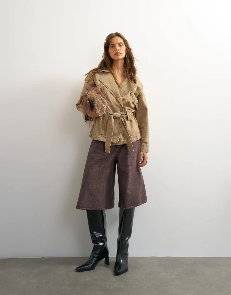 Topshop X Cara denim cropped trench jacket in washed beige