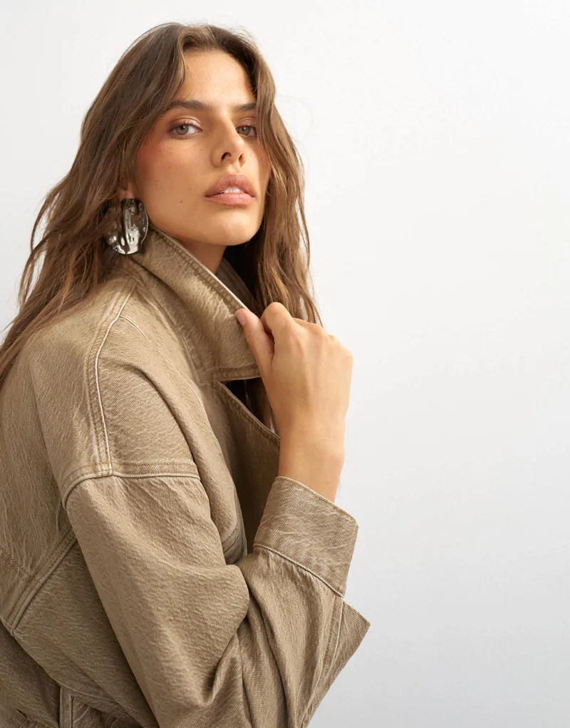 Topshop X Cara denim cropped trench jacket in washed beige