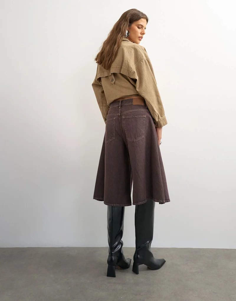 Topshop X Cara denim ultra-wide pleated culotte in taupe