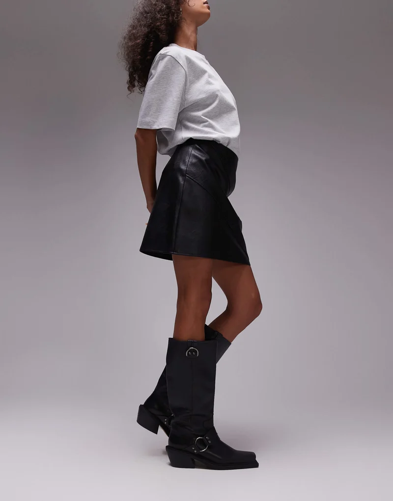 Topshop faux leather panelled seam pelmet skirt in black
