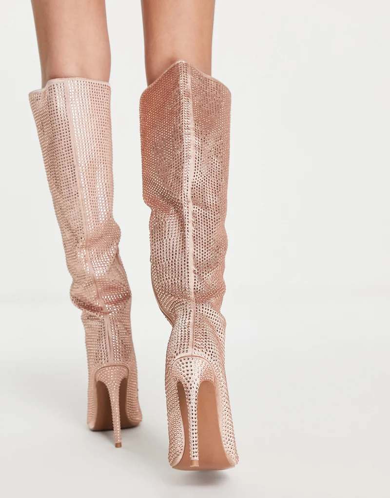 ASOS DESIGN Carly high-heeled embellished pull on knee boots in rose gold