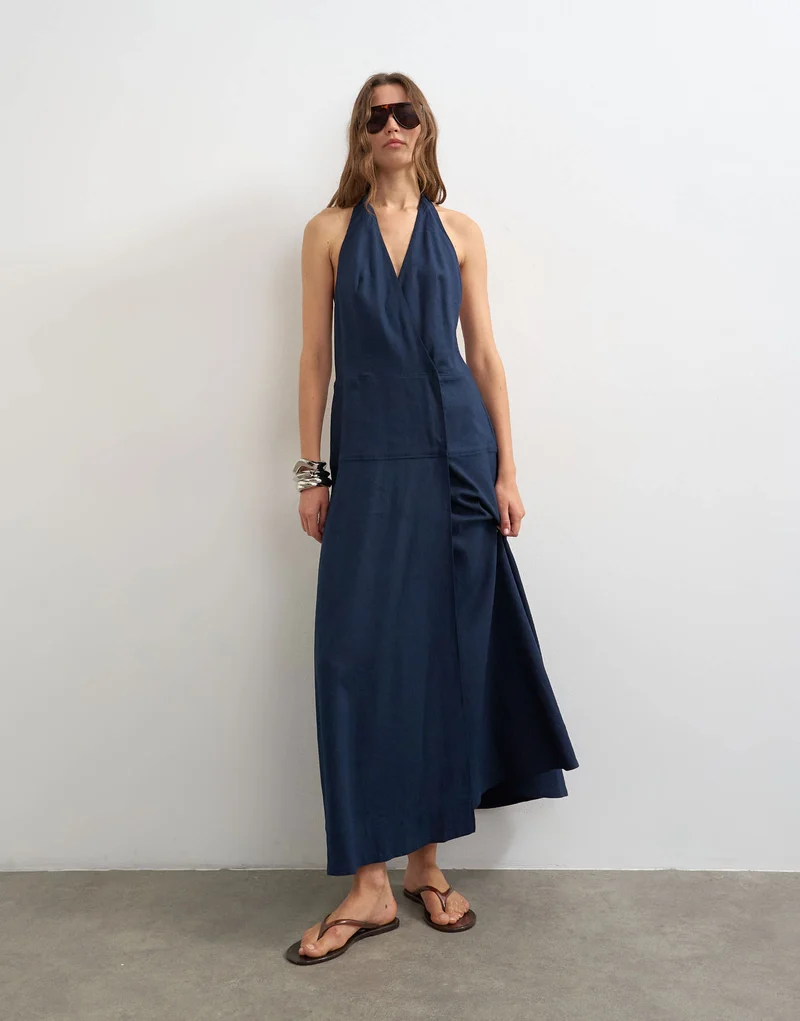 Topshop premium linen rich halter neck wrap maxi dress in dark navy