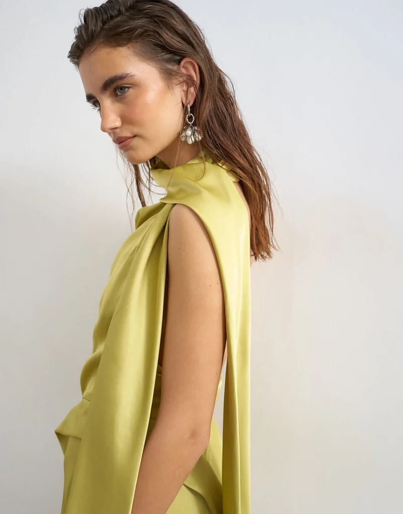 Topshop premium satin halter asymmetric mini dress with scarf detail in golden olive