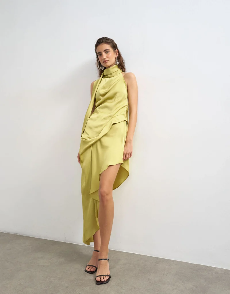 Topshop premium satin halter asymmetric mini dress with scarf detail in golden olive
