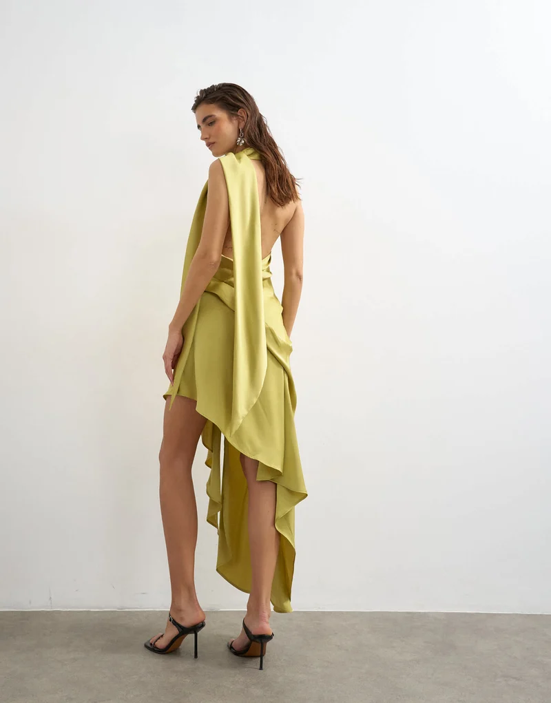 Topshop premium satin halter asymmetric mini dress with scarf detail in golden olive