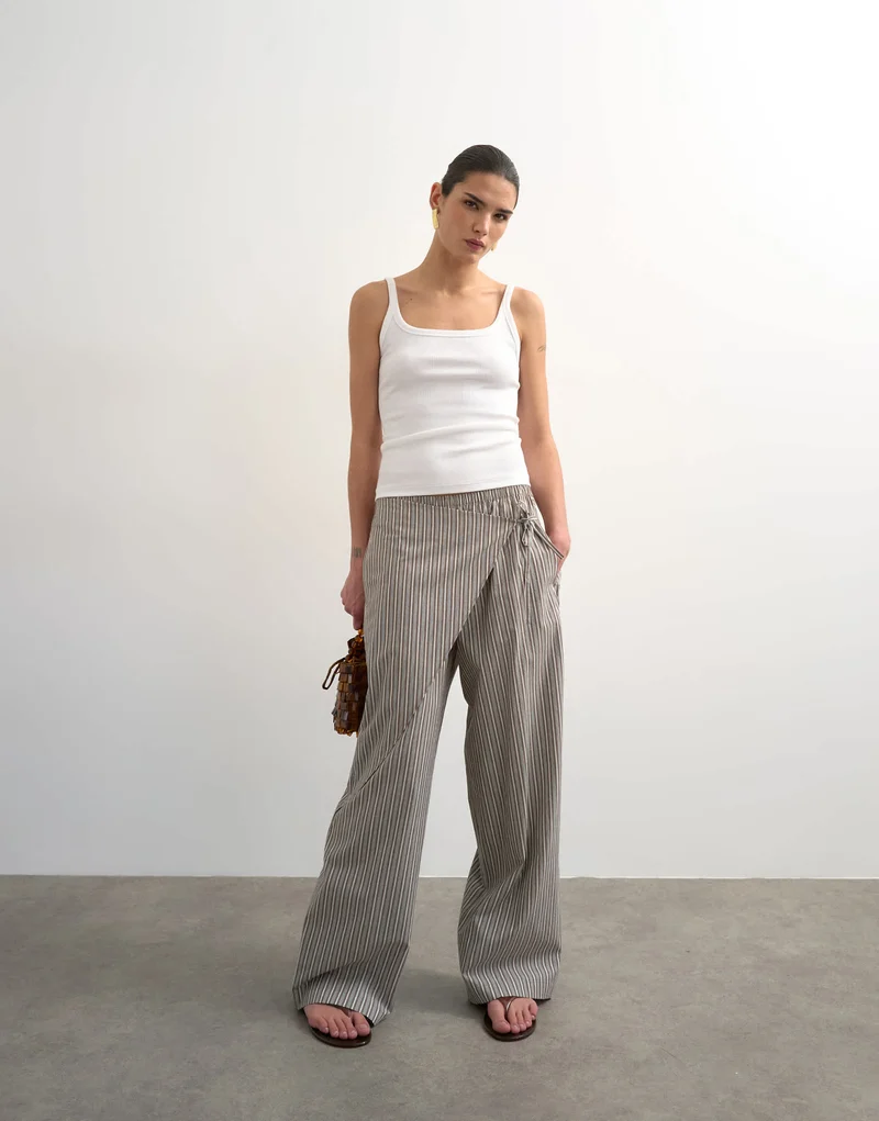 Topshop stripe poplin wrapover skirt trouser in brown