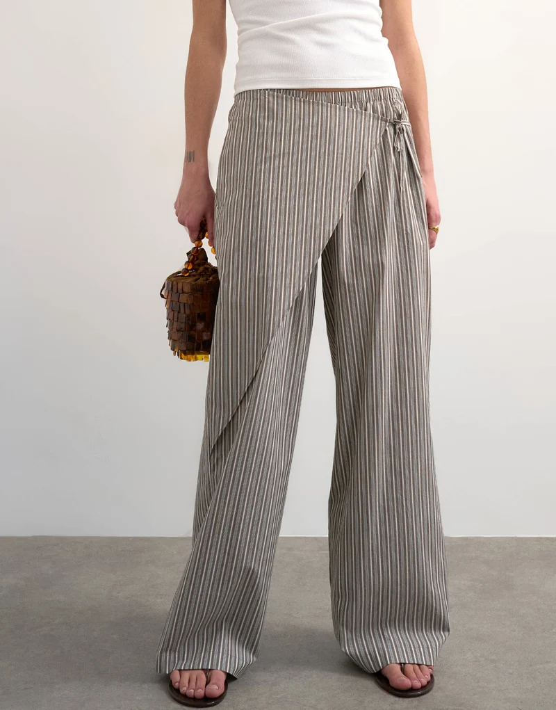 Topshop stripe poplin wrapover skirt trouser in brown
