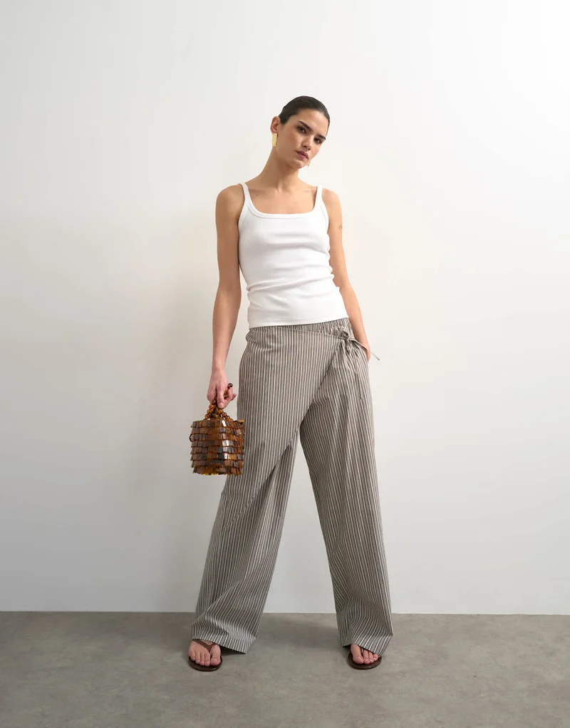 Topshop stripe poplin wrapover skirt trouser in brown