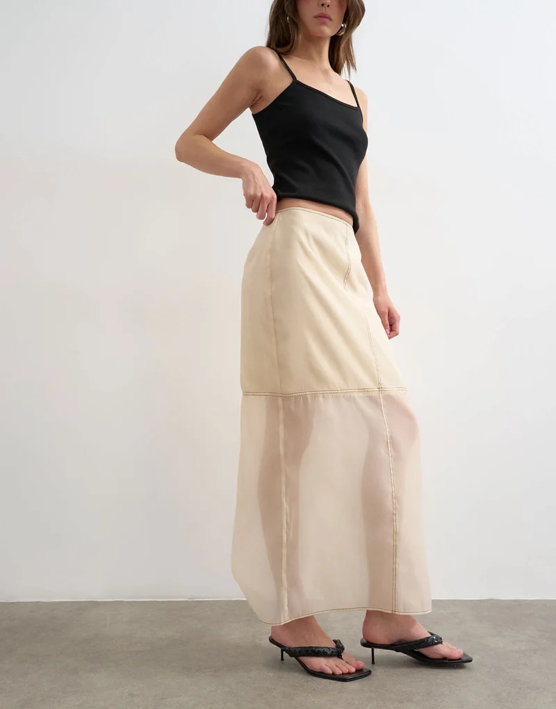 Topshop organza column maxi skirt with contrast stitching in oyster