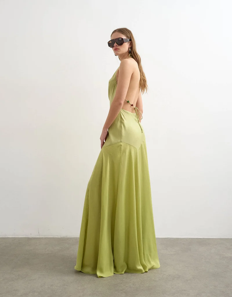 Topshop satin halter neck maxi dress beaded back detail in lime
