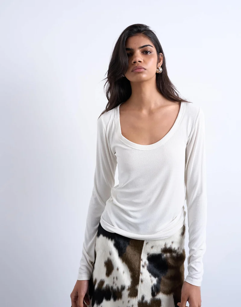 Topshop premium rib long sleeve wide scoop neck top in ecru