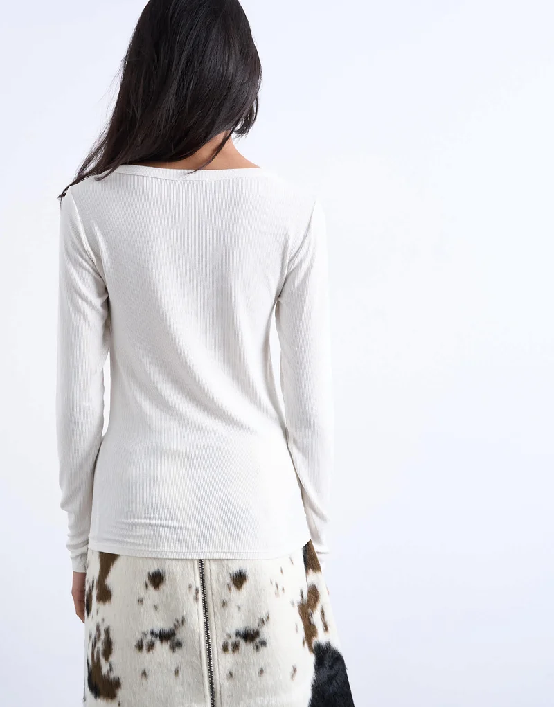 Topshop premium rib long sleeve wide scoop neck top in ecru