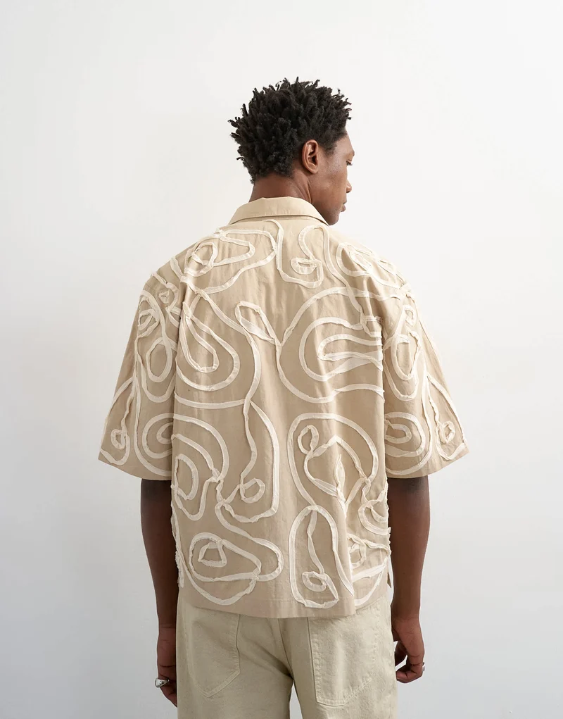 Topman relaxed fit crop shirt with all over floral rope applique in stone