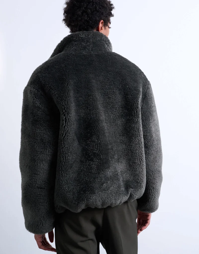 Topman faux fur funnel neck jacket in dark grey