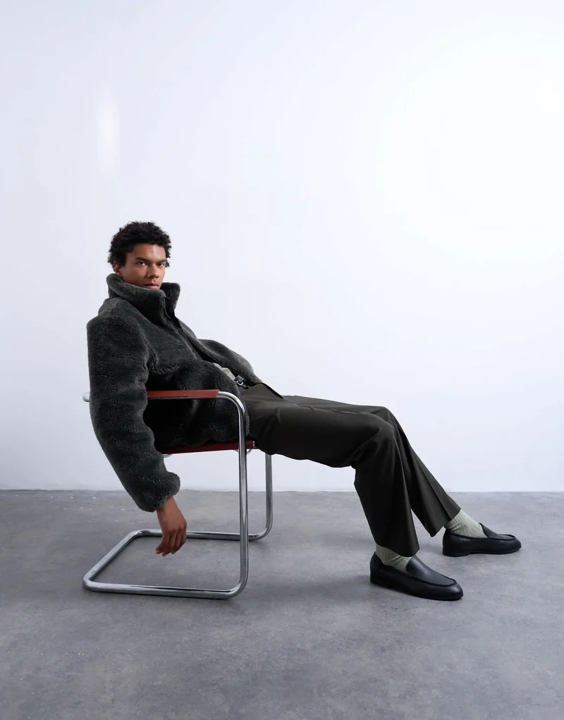 Topman faux fur funnel neck jacket in dark grey