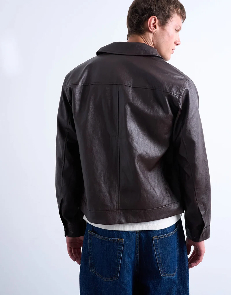 Topman faux leather smart jacket in burgundy