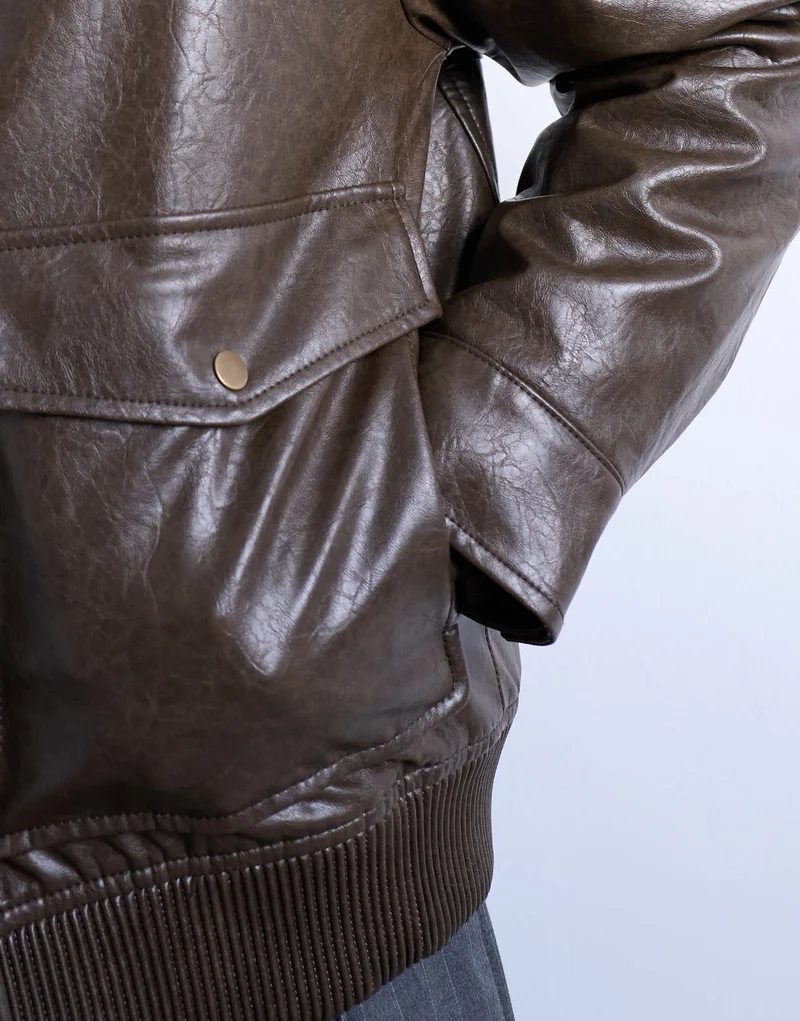 Topman faux leather borg collar washed jacket in chocolate