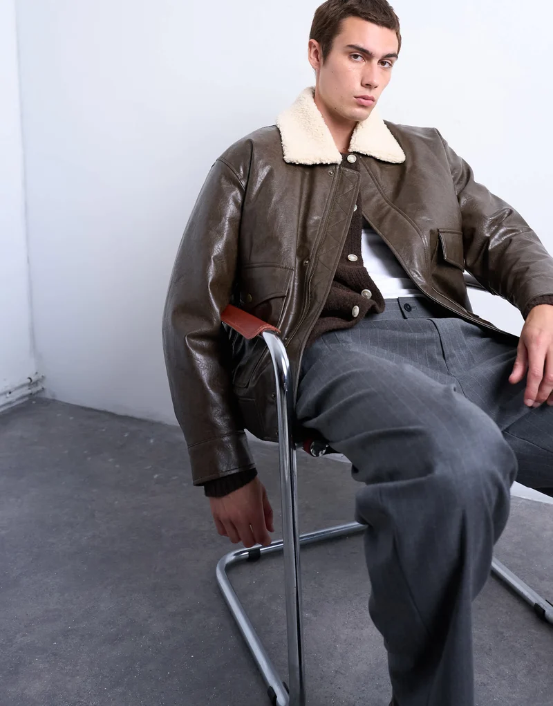 Topman faux leather borg collar washed jacket in chocolate